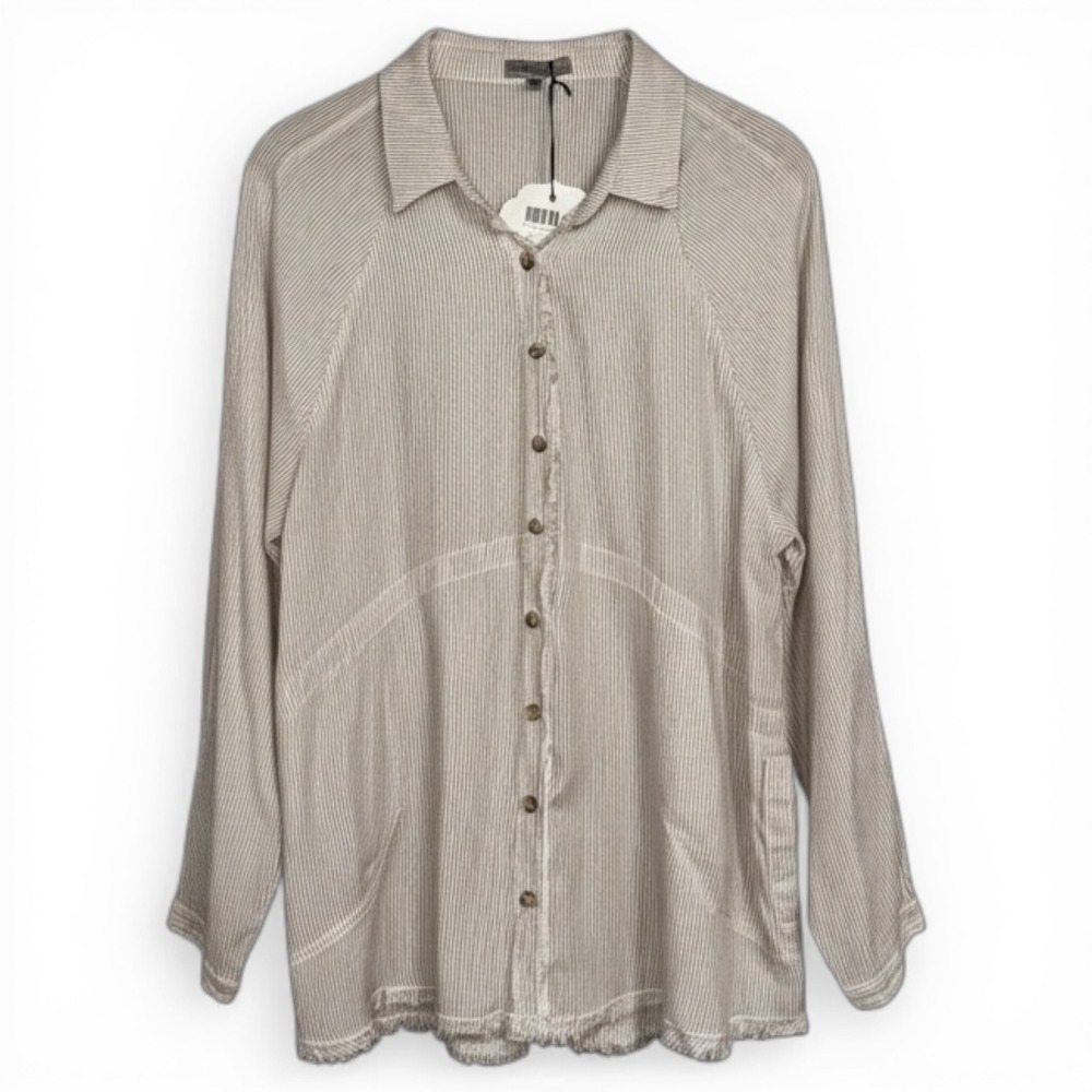 Wishlist Apparel‎ Taupe Stripe Frayed Button Down Shirt WL22-7145 S/M NWT